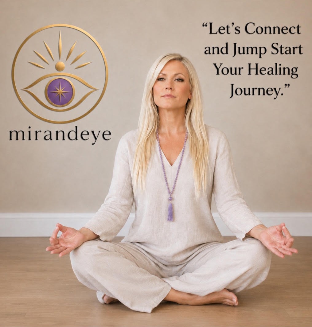 Miranda Inabinett seated in meditation beside the Mirandeye emblem