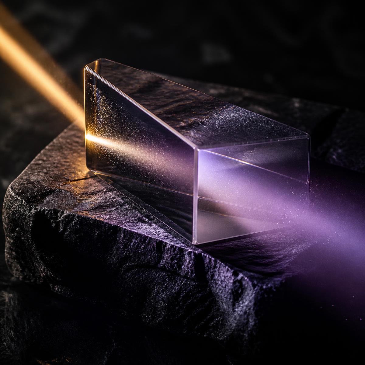 A glass prism refracting gold light into soft lavender