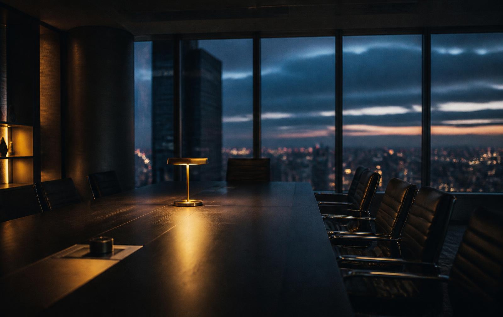 An executive boardroom at dusk lit by a single warm lamp