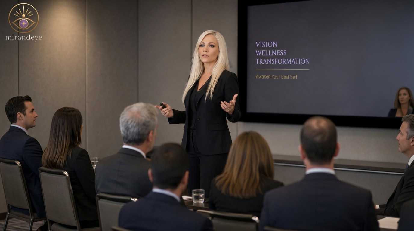 Miranda Inabinett presenting to business leaders at a Mirandeye wellness seminar