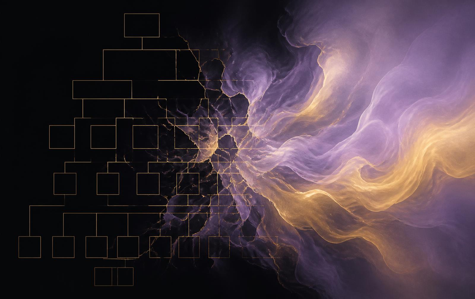 A rigid organizational grid dissolving into flowing gold and lavender light