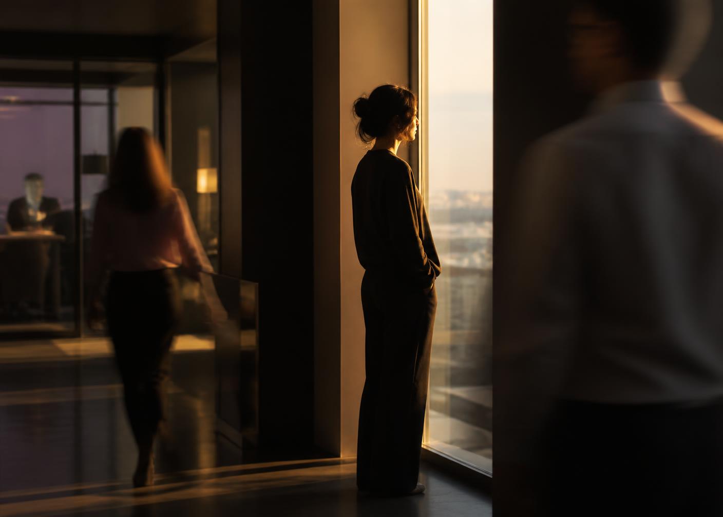 An employee pausing by a window in a softly lit office corridor