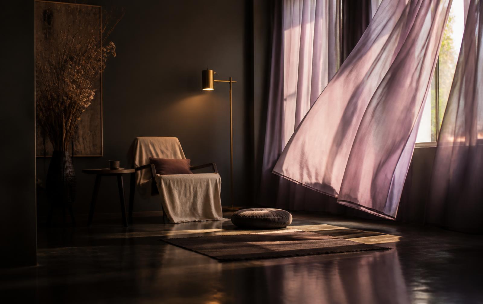 A quiet, light-filled room with drifting sheer curtains, prepared for a private session