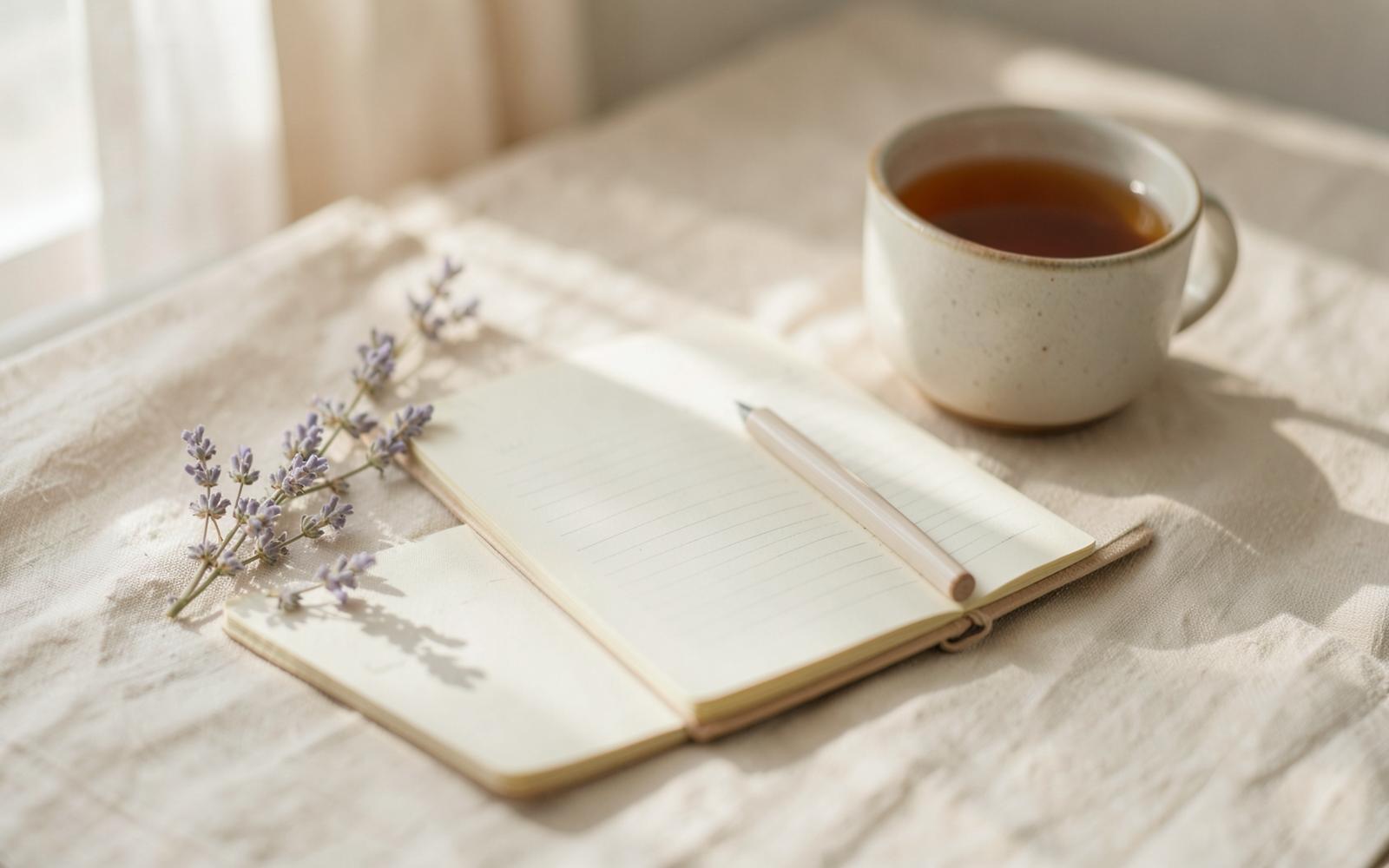 A notebook, a pen, a sprig of lavender and a cup of tea in soft morning light